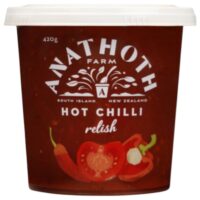 Pot of Anathoth Farm hot chilli relish with a red chilli graphic on the front.