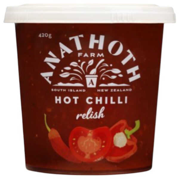 Pot of Anathoth Farm hot chilli relish with a red chilli graphic on the front.