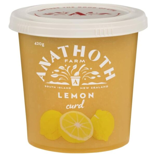 Container of Anathoth Farm lemon curd weighing 420 grams with lemon graphics.
