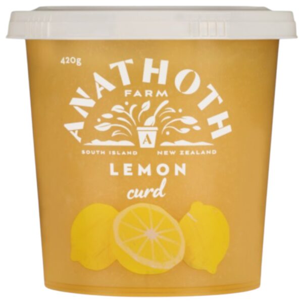 Container of Anathoth Farm lemon curd with a yellow design and lemon illustrations.