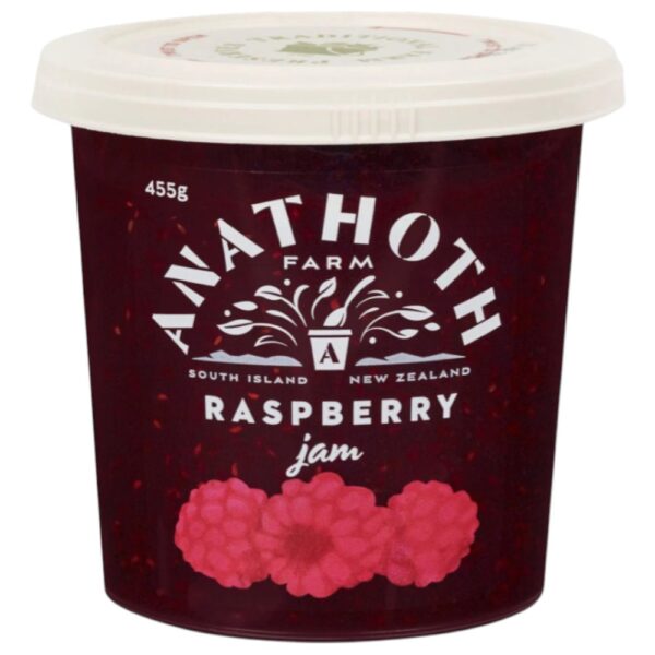 Pot of Anathoth Farm raspberry jam weighing 455 grams with a white lid.