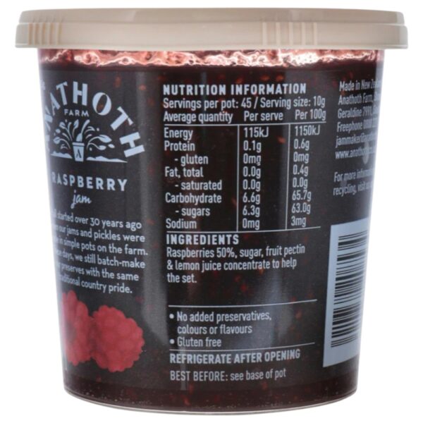 Pot of Anathoth Farm raspberry jam displaying ingredients and nutrition facts on the label.