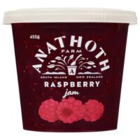 Pot of Anathoth Farm raspberry jam, 455g, featuring a label with raspberries and farm branding.