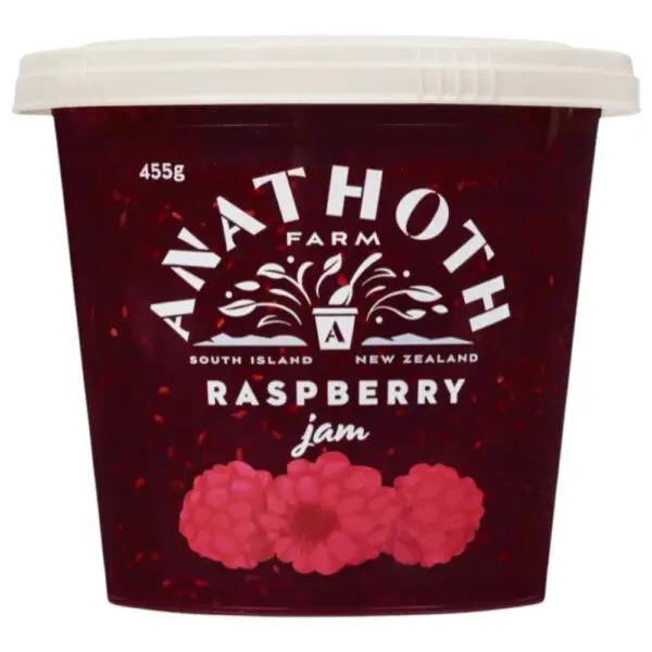 Pot of Anathoth Farm raspberry jam, 455g, featuring a label with raspberries and farm branding.