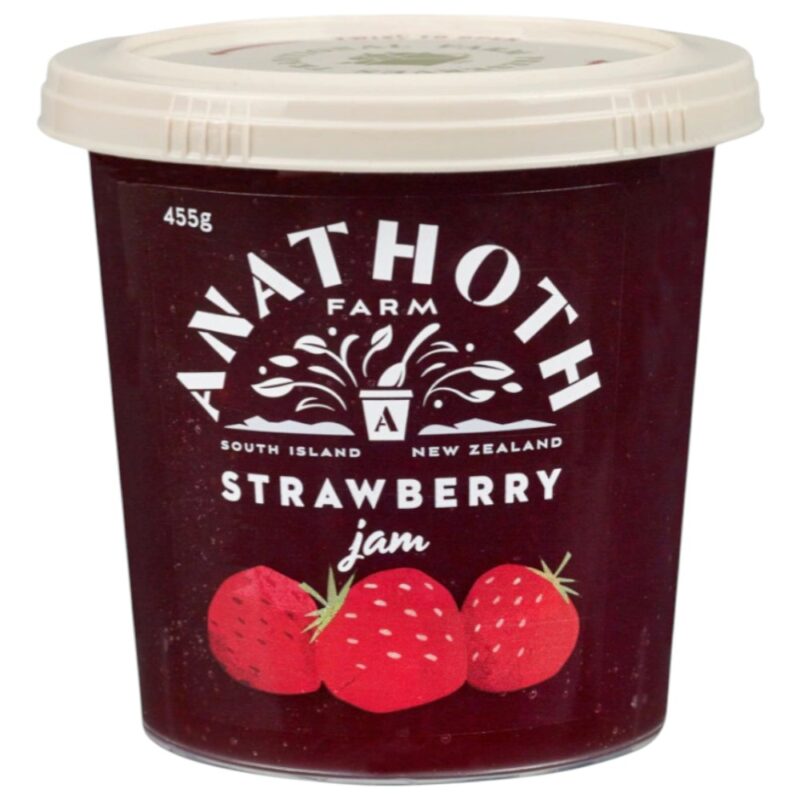 Pot of Anathoth Farm strawberry jam weighing 455 grams with a label featuring strawberries.