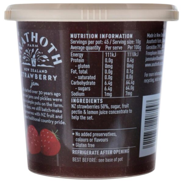 Pot of Anathoth Farm strawberry jam displaying ingredients and nutritional information.