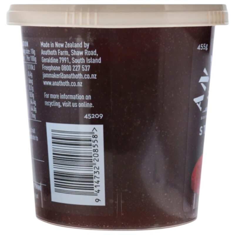 Pot of Anathoth Farm strawberry jam with a lid and product information on the label.