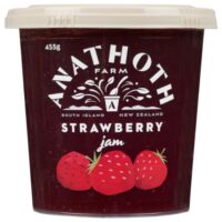 Pot of Anathoth Farm strawberry jam weighing 455 grams with a label featuring strawberries.