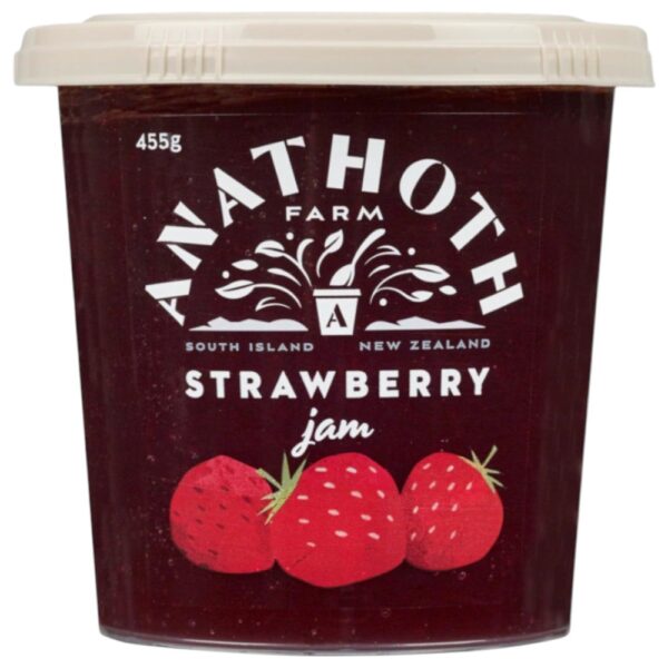 Pot of Anathoth Farm strawberry jam weighing 455 grams with a label featuring strawberries.