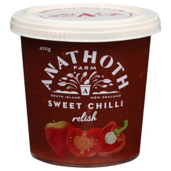 Pot of Anathoth Farm sweet chilli relish, featuring a red label and images of chillies and apples.