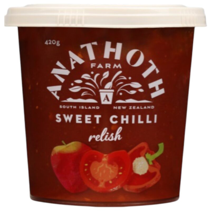 Pot of Anathoth Farm sweet chilli relish with red peppers on the label.
