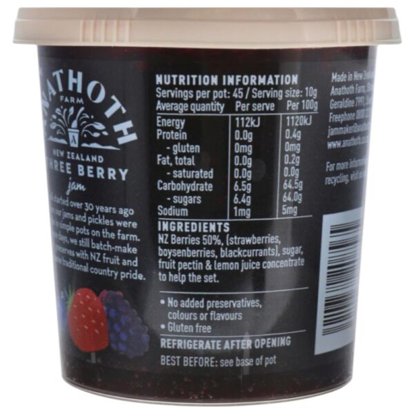 Pot of Anathoth Farm Three Berry Jam with ingredient and nutrition information.