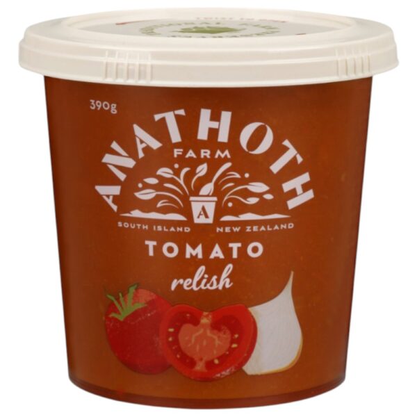 Pot of Anathoth Farm tomato relish with a label showing tomatoes and onions.