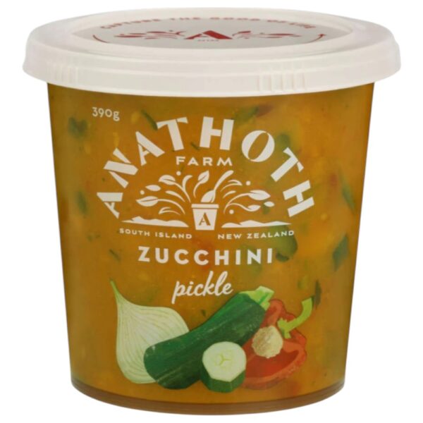 Tub of Anathoth Farm zucchini pickle featuring vegetables and branding on the label.