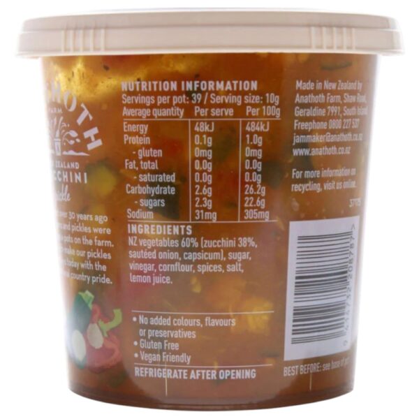 Tub of Anathoth Farm zucchini pickle with visible ingredients and nutrition information.