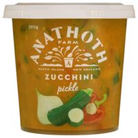 Tub of Anathoth Farm zucchini pickle with vegetables illustrated on the label.