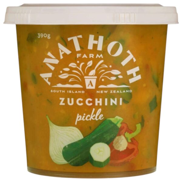 Tub of Anathoth Farm zucchini pickle with vegetables illustrated on the label.