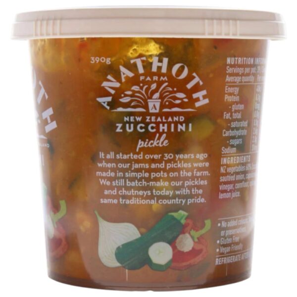Tub of Anathoth Farm Zucchini Pickle, 390g, featuring a clear label with product information.