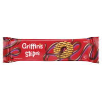 Packaging of Griffin's Stripes biscuits featuring a circular biscuit with chocolate stripes design.