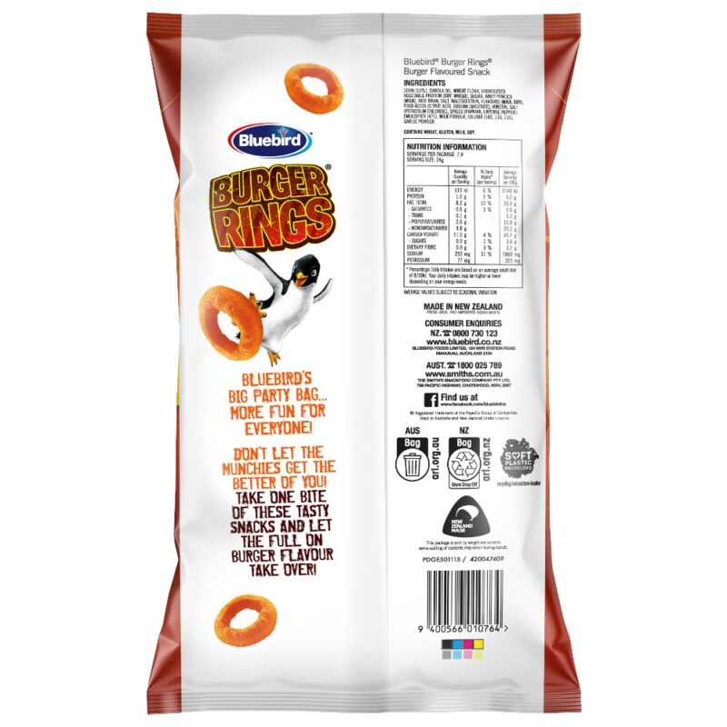 Back packaging of Bluebird Burger Rings corn snacks, featuring nutritional information and ingredients list.
