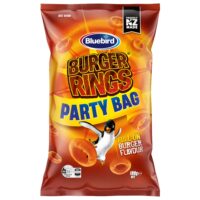 Bluebird Burger Rings Party Bag featuring a penguin graphic and burger flavour text on the packaging.