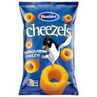 Bluebird Cheezels snack packaging featuring a penguin and circular cheese snacks on a blue background.