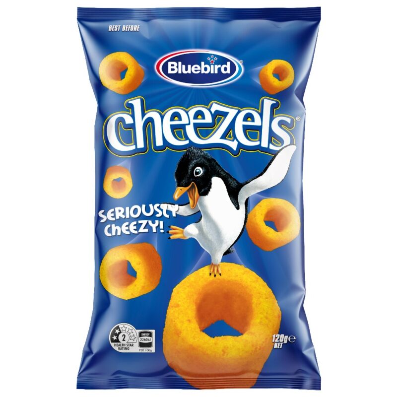 Bluebird Cheezels snack packaging featuring a penguin and circular cheese snacks on a blue background.