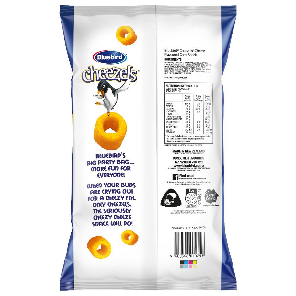 Back of a 190g packet of Bluebird Cheezels cheese flavoured corn snacks with nutritional information.