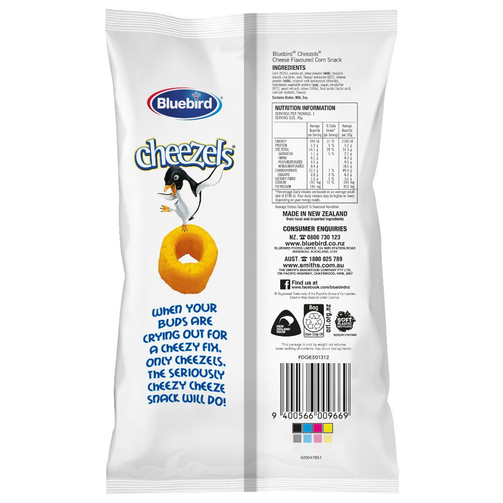 Back packaging of Bluebird Cheezels corn snacks with nutritional information and ingredients list.