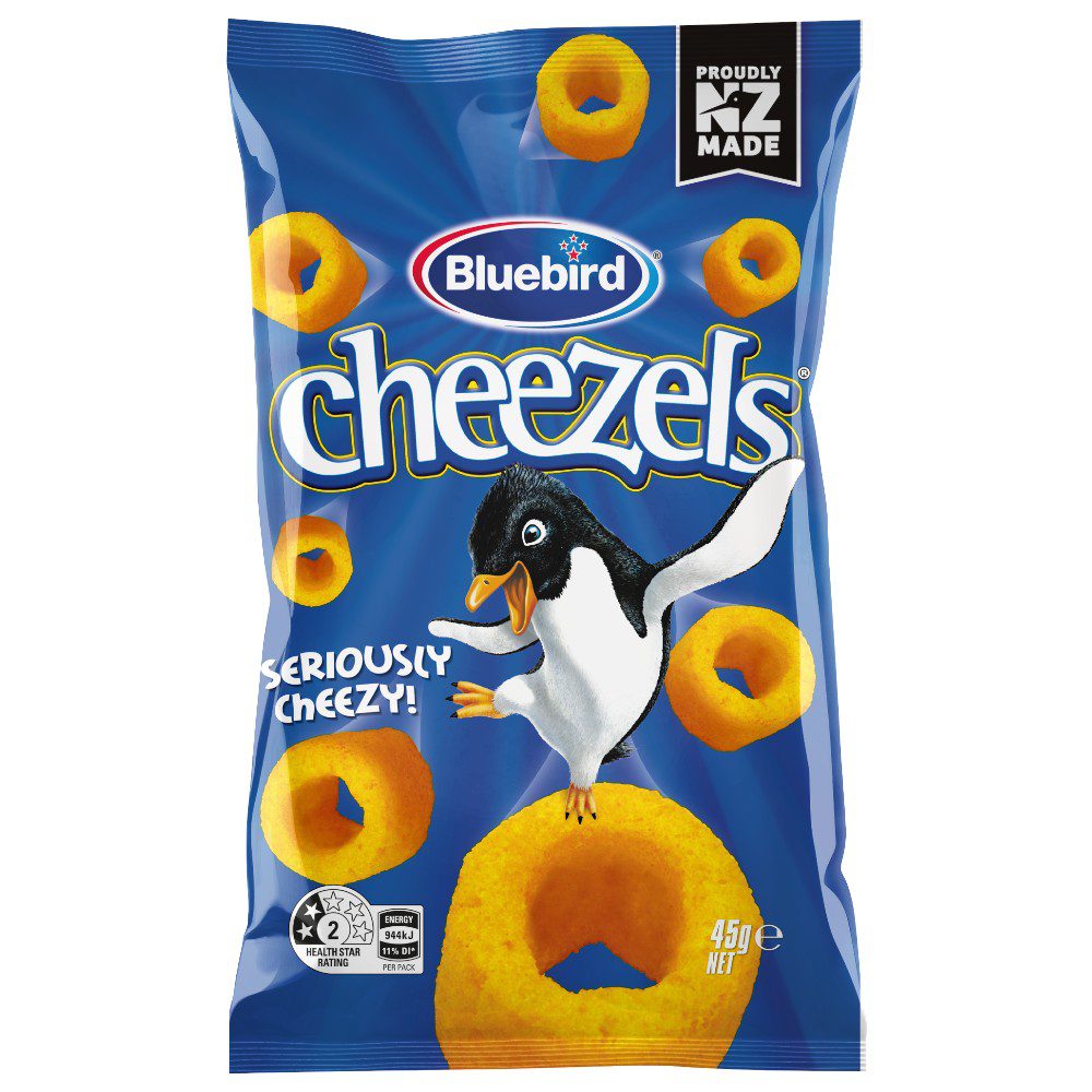 Bluebird Cheezels corn snacks packaging featuring a penguin image and cheese-flavoured rings.