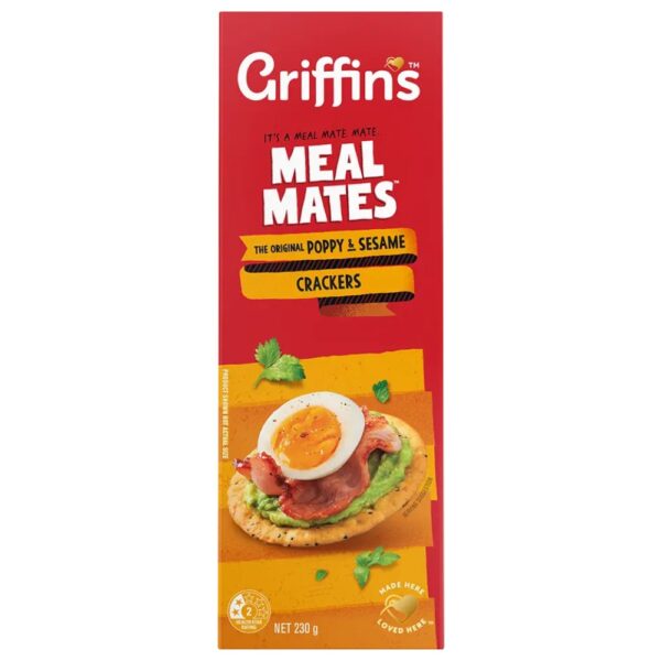 Box of Griffin's Meal Mates Original Poppy and Sesame Crackers weighing 230 grams.