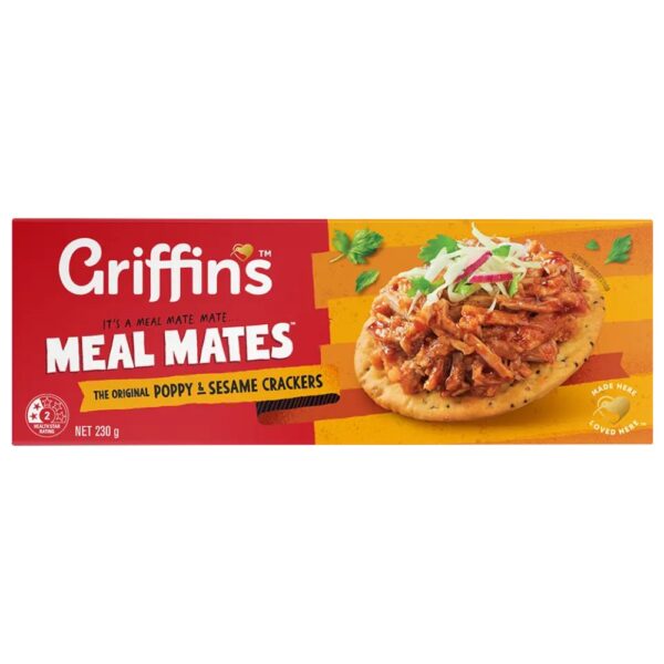 Box of Griffin's Meal Mates Poppy and Sesame Crackers weighing 230 grams.