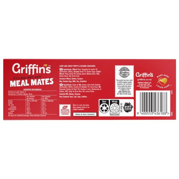 Nutritional information for Griffin's Meal Mates crackers displayed on a red packaging background.