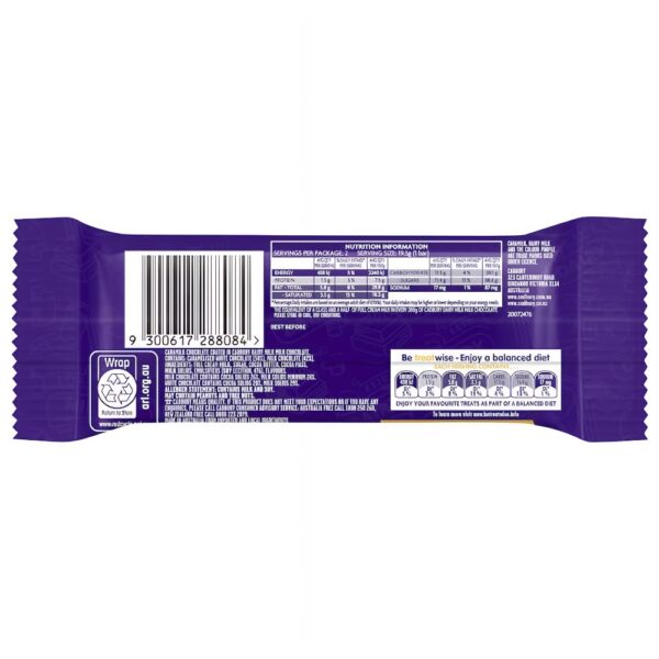 Back packaging of Cadbury Twirl Caramilk chocolate bar showing nutritional information and barcode.