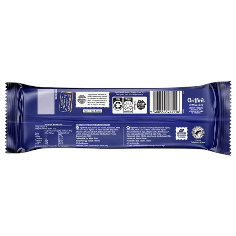 Back packaging of Griffin's Chocolate Sultana Pasties 185g with nutritional information and ingredients list.