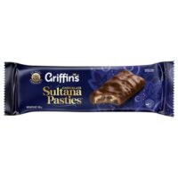 Pack of Griffin's Chocolate Sultana Pasties featuring a chocolate-covered biscuit with sultanas.