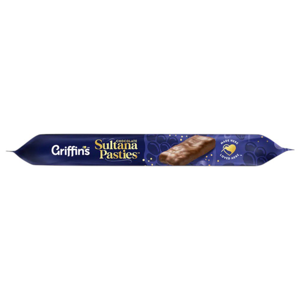 Pack of Griffin's Chocolate Sultana Pasties featuring a blue wrapper with branding.