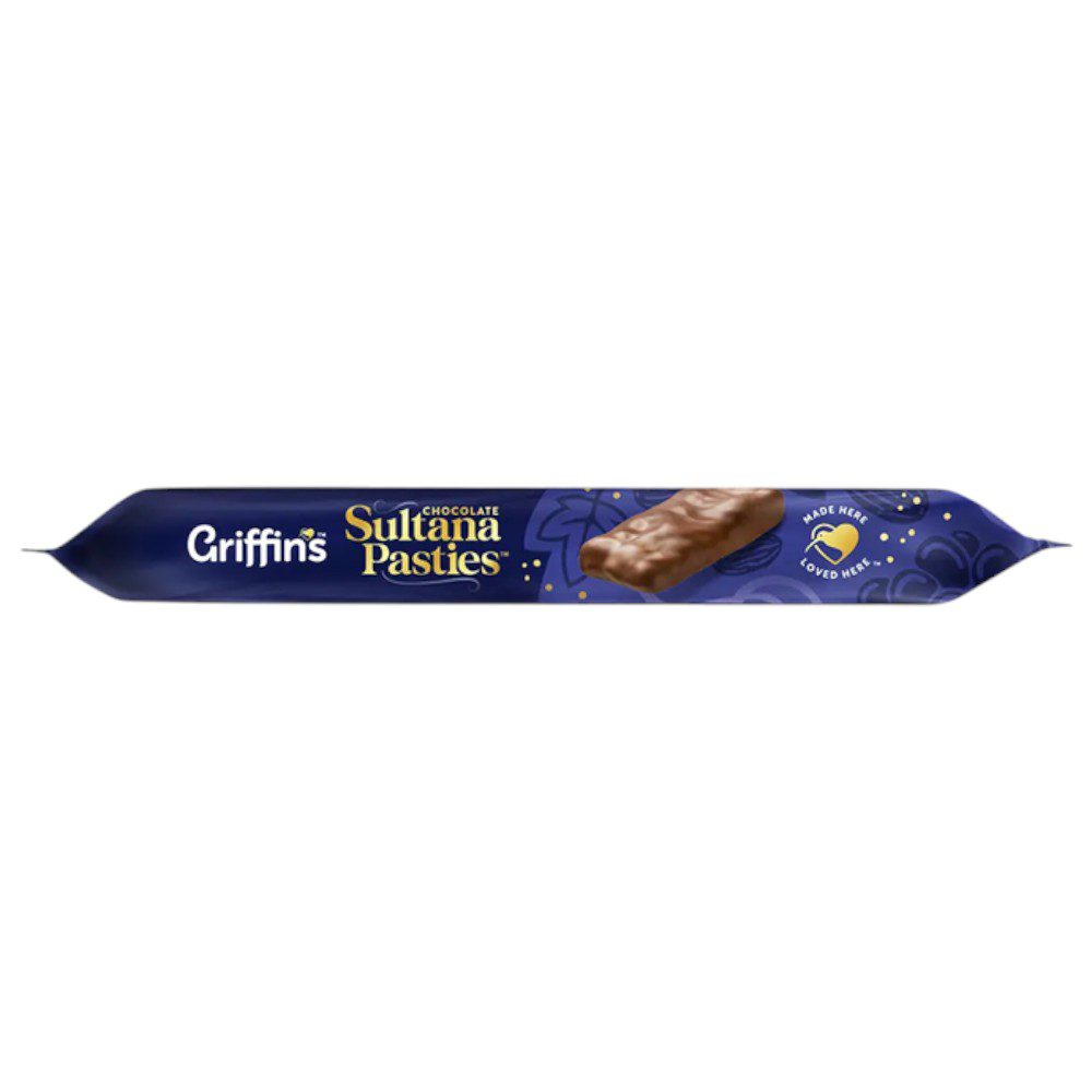 Pack of Griffin's Chocolate Sultana Pasties featuring a blue wrapper with branding.