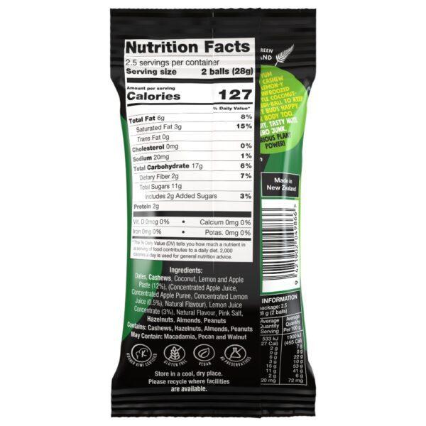 Nutritional information label for Frooze Balls Lemon Cheesecake flavour, detailing ingredients and serving size.