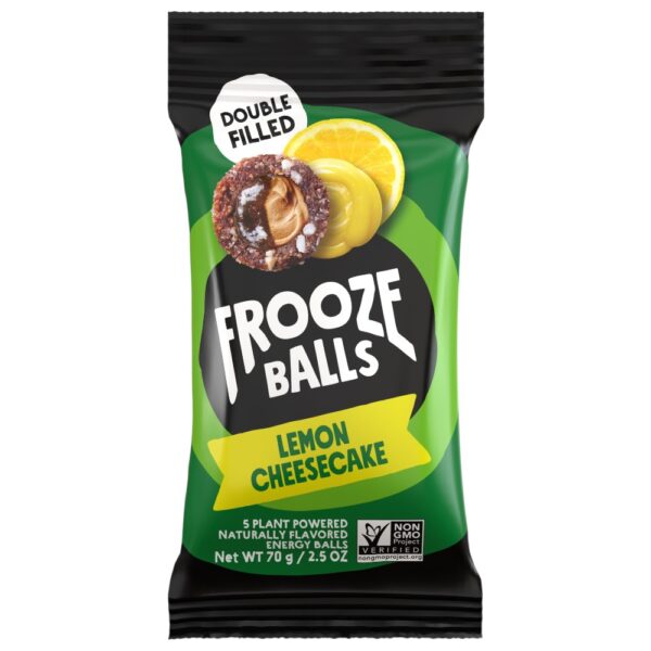 Pack of Frooze Balls Lemon Cheesecake energy balls weighing 70 grams with a double filled design.