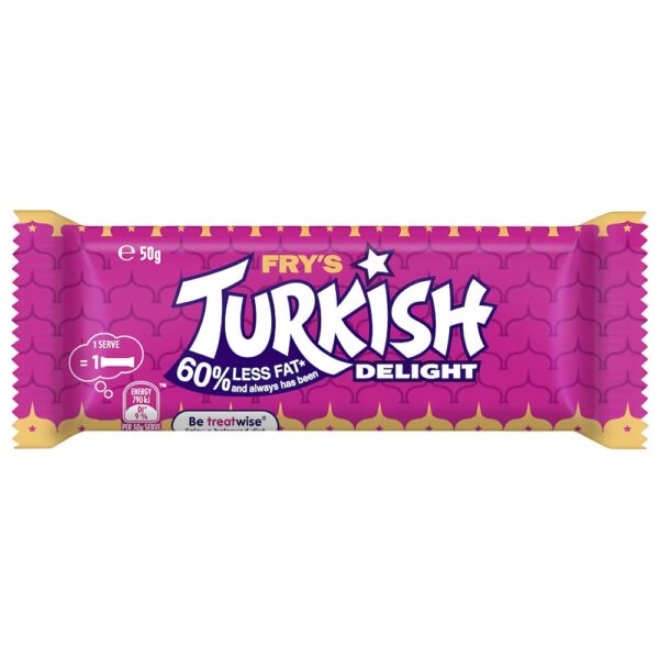 Fry's Turkish Delight chocolate bar packaging in pink with yellow accents and branding.