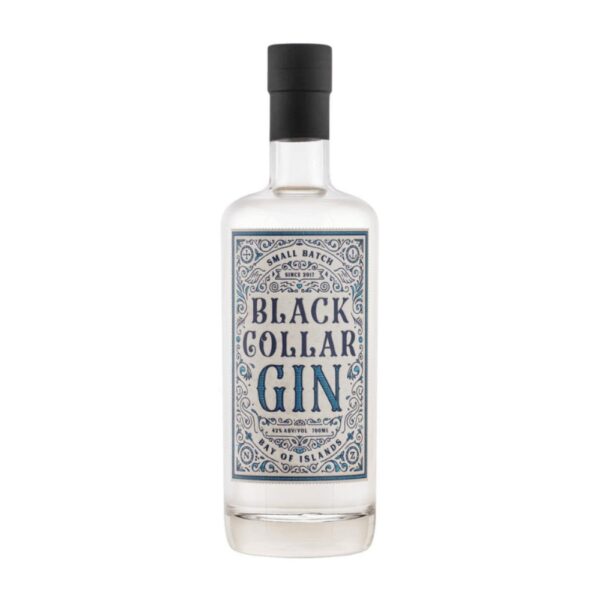 700ml bottle of Black Collar Distillery gin with a decorative label design.