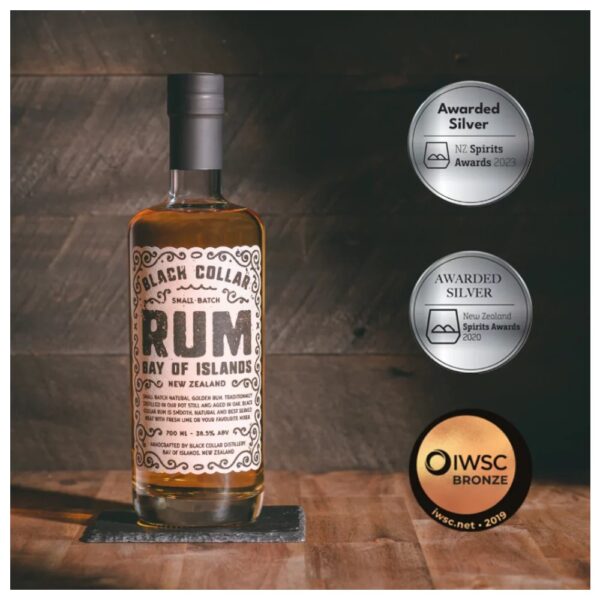 700ml bottle of Black Collar Distillery Rum with decorative label and awards displayed.