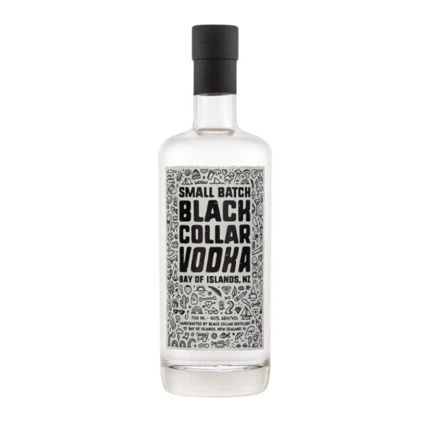 700ml bottle of Black Collar Distillery vodka with a decorative label featuring various illustrations.