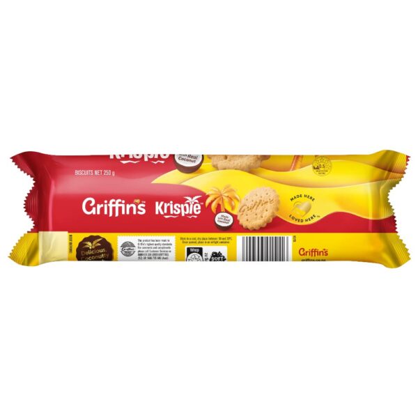Packaging of Griffin's Coconut Krispies biscuits, featuring a red and yellow design with product details.