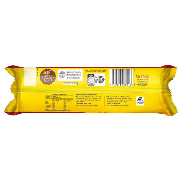 Nutritional information label for Griffin's Coconut Krispies biscuits on a yellow packaging.