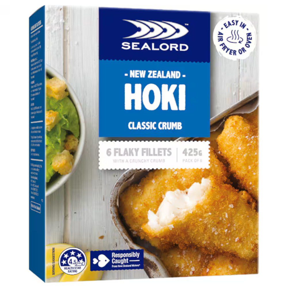 Pack of Sealord Classic Crumb Hoki Fillets containing six flaky fillets weighing 425 grams.