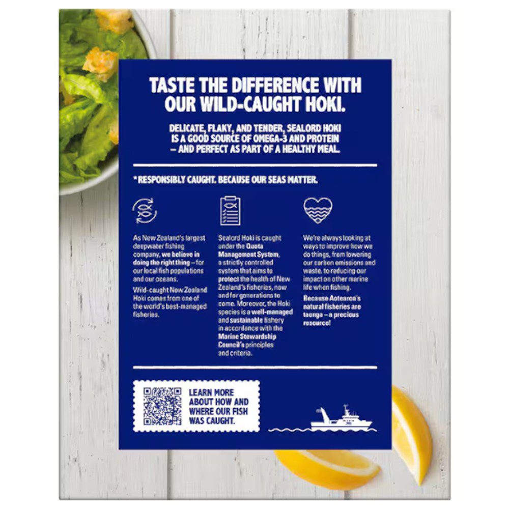 Back packaging of Sealord Classic Crumb Flaky Hoki Fillets featuring product information and a QR code.