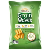 A pack of Sunbites Grain Waves with sour cream and chives flavour, weighing 140 grams
