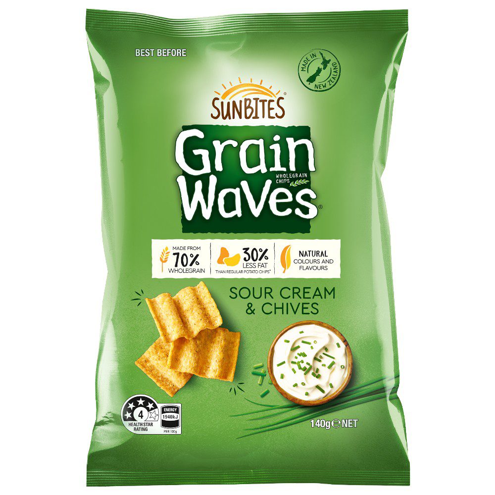A pack of Sunbites Grain Waves with sour cream and chives flavour, weighing 140 grams